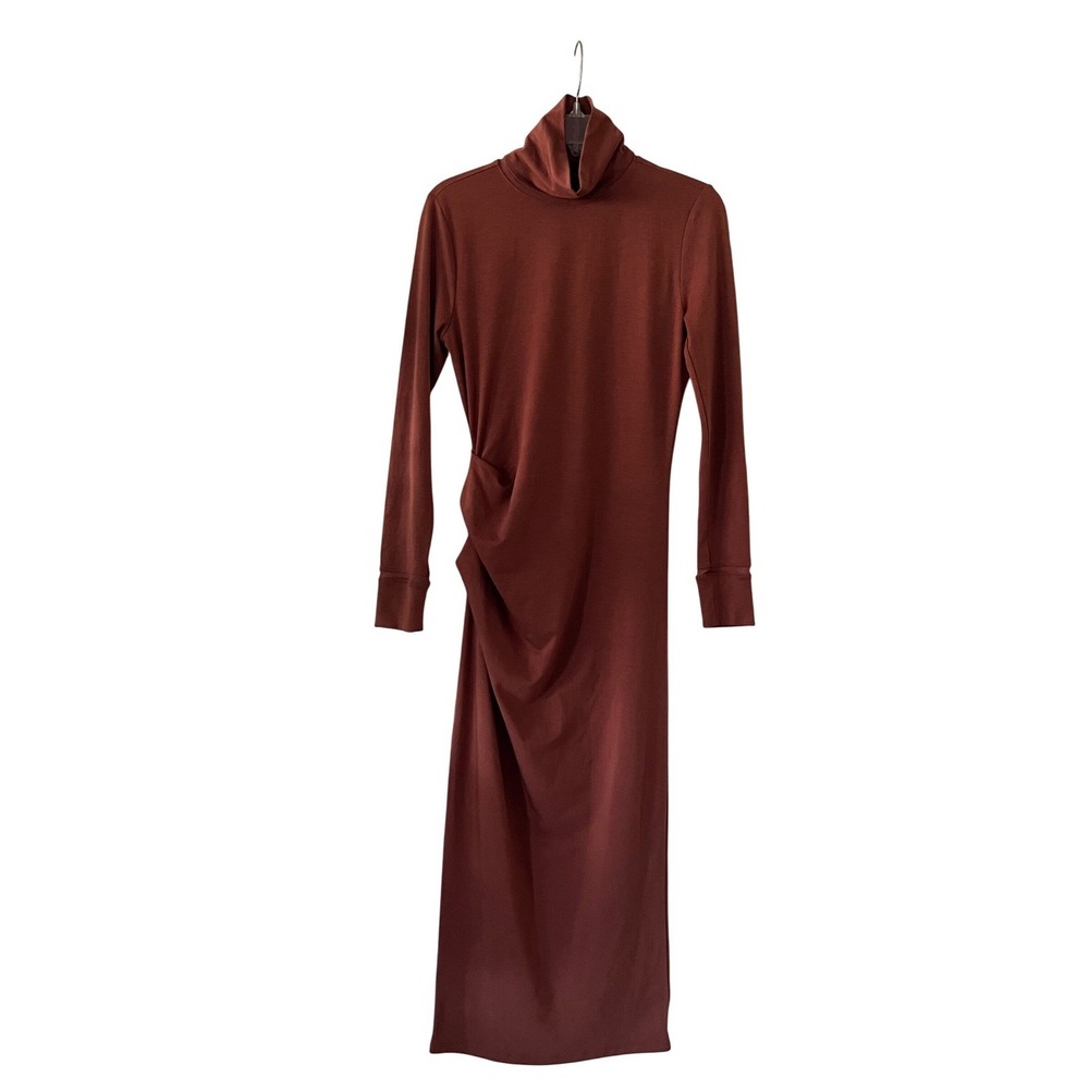 Athleta Women's XS Turtleneck Long Sleeve Ruched Midi Dress Brown - Picture 8 of 8